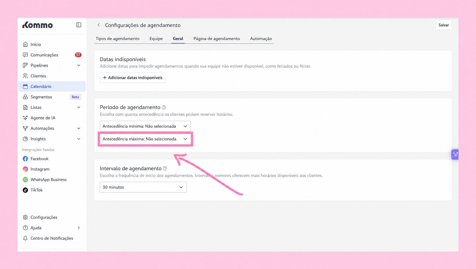 Settings page for scheduling with highlighted minimum and maximum notice periods.